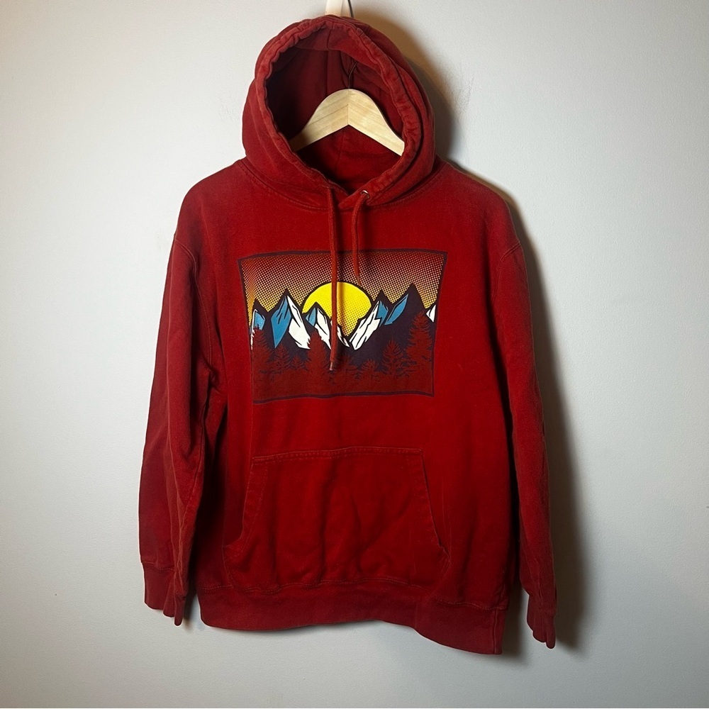 Mountain Sunset Graphic Hoodie Adult L Rusty Red Pullover Sweatshirt